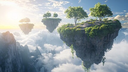 Poster - A surreal 3D dreamland where gravity is reversed, and floating islands drift in the sky, with copy space.
