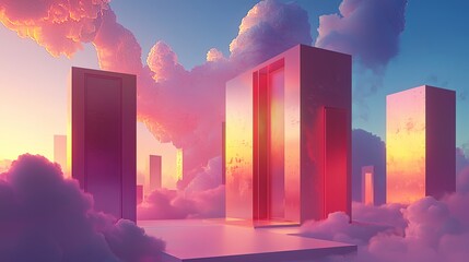 Poster - A surreal 3D scene where doors open into different dimensions in a floating sky, with copy space.