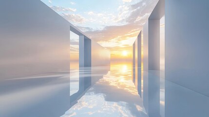 Poster - A surreal 3D scene where doors open into different dimensions in a floating sky, with copy space.