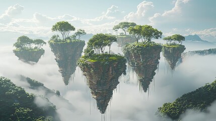 Poster - A surreal 3D dreamland where gravity is reversed, and floating islands drift in the sky, with copy space.