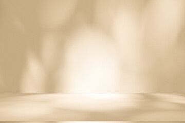 Fototapete - Wall interior background, studio and backdrops show products. with leaf shadow from window color beige and white. background for text insertion and presentation of product	