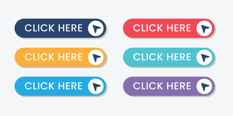 Wall Mural - Click here arrow button click icon. Click here web button. Web button with arrow pointer action. Click here ui button concept.