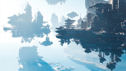 Poster - A surreal futuristic cityscape where buildings hover in mid-air, casting long shadows over the city below, with copy space.