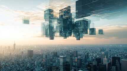 Poster - A surreal futuristic skyline where floating megastructures hover over a vibrant urban landscape, with copy space.