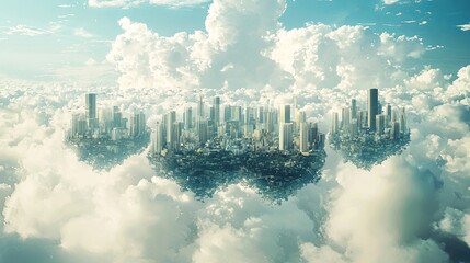 Poster - A surreal futuristic skyline where floating megastructures hover over a vibrant urban landscape, with copy space.