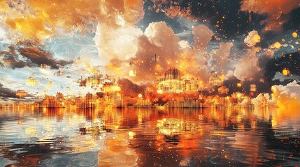 Poster - A surreal futuristic world where floating structures cast golden light over a cyber city, with copy space.
