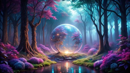 Wall Mural - Enchanted Forest with a Mystical Orb Reflecting Luminescent Flora and Fauna by a Serene Stream