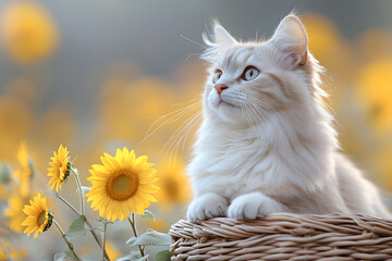 Wall Mural -  White cat sitting in basket with sunflower