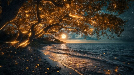 Poster - A surreal view of a tranquil fantasy land where water flows from glowing trees into a moonlit lake, with copy space.