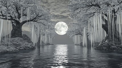 Poster - A surreal view of a tranquil fantasy land where water flows from glowing trees into a moonlit lake, with copy space.