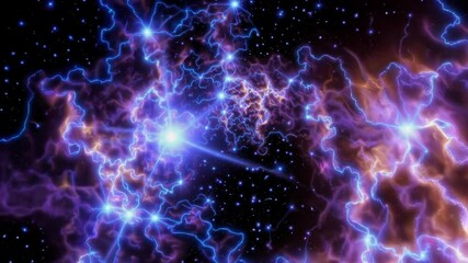 Poster - Electric purple cosmic nebula with glowing stars and vibrant energy patterns in space. Deep space exploration and cosmic wonder concept