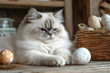 Wall Mural - Persian cat  pawing at an Easter egg