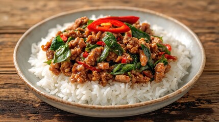 A delicious plate of rice topped with spicy stir-fried meat, vibrant red chilies, and fresh basil leaves, garnished for an appetizing presentation.