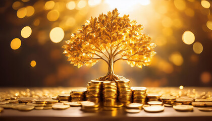 Poster - golden tree with shimmering leaves growing from pile of coins, symbolizing wealth and prosperity