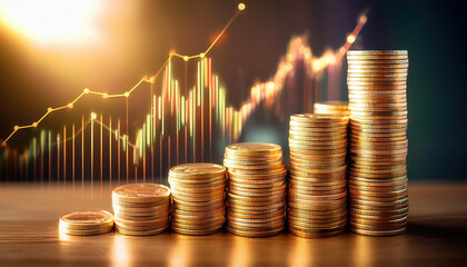 Poster - stack of golden coins with rising financial chart symbolizes growth