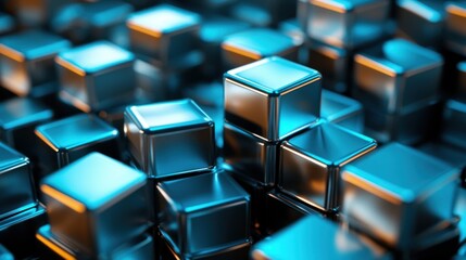 Poster - Abstract arrangement of metallic cubes with blue and orange lighting creating a modern and technological mood for digital backgrounds and design elements