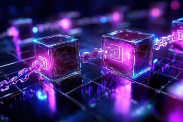 Poster - Futuristic blockchain network with glowing cubes and chain links on a grid, vibrant neon colors, technology concept, digital art, close up, studio shot