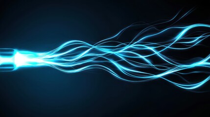 Poster - Electric blue light streaks emanating from a central source against a dark background creating a dynamic energy flow and modern futuristic vibe