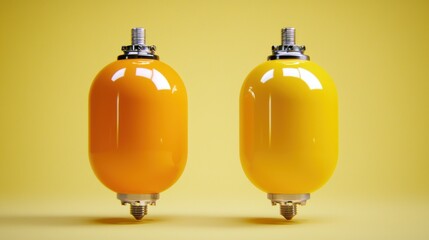 Poster - Two Vibrant Yellow and Orange Cylindrical Objects on a Sunny Yellow Background in a Studio Setting