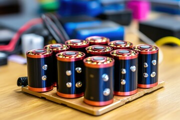 Poster - Group of Cylindrical Electronic Components on Wooden Surface with Blurred Background in Studio Shot