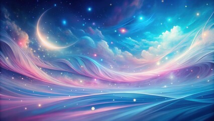 Wall Mural - Dreamlike Celestial Landscape Serene Waves of Light and Color Under a Crescent Moon