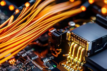 Poster - Detailed Close Up of a Modern Computer Motherboard with Glowing Orange Cables and Electronic Components for High Tech