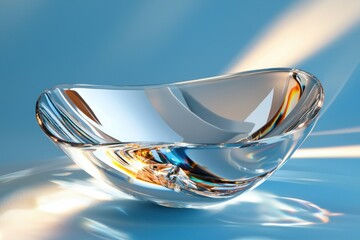 Poster - Elegant Glass Bowl on Light Blue Surface with Reflected Light and Shadow Play Creating a Serene Atmosphere