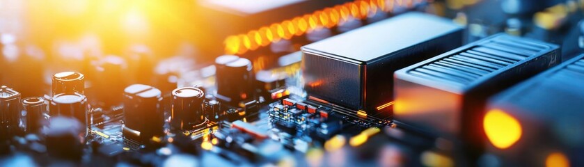 Poster - Detailed Close Up of Modern Computer Motherboard with Electronic Components and Warm Lighting for Technology Stock Image