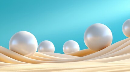 Poster - Serene composition of smooth white spheres resting on soft beige dunes against a calming turquoise backdrop creating a peaceful and minimalist aesthetic