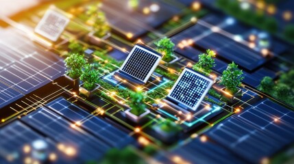 Innovative solar panel array integrated with nature showcasing sustainable technology and renewable energy solutions for a greener future with a low angle view
