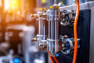 Poster - Close up of sophisticated industrial machinery with gleaming metal components and orange tubing in a factory setting showcasing precision engineering and technological advancement
