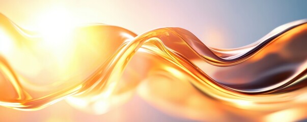 Poster - Radiant golden fluid abstract wave with smooth curves and glossy surface under bright light background for modern design