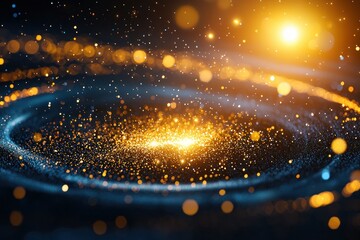 Poster - Ethereal cosmic dust cloud with golden light and blue nebula swirling in dark space background for science and astronomy