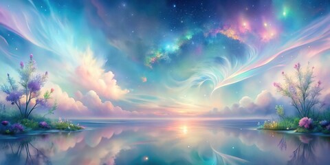 Wall Mural - Serene dreamscape of pastel skies, tranquil waters, and blossoming trees reflecting ethereal beauty
