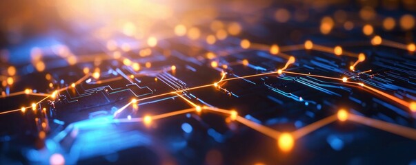 Poster - Abstract futuristic technology circuit board with glowing connections and vibrant blue and orange hues creating a dynamic and modern digital landscape