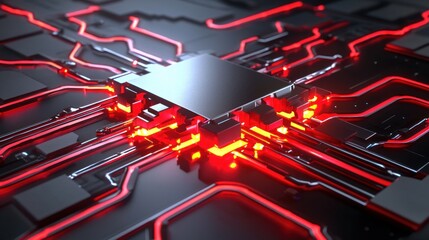 Poster - Futuristic Microchip Circuit Board with Red Glowing Light Emitting Diode Technology Innovation Concept