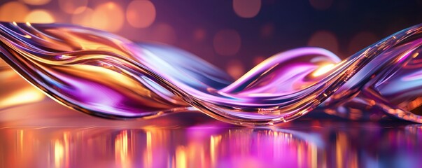 Poster - Abstract iridescent wave with vibrant purple and gold hues smooth reflection and bokeh background for modern design