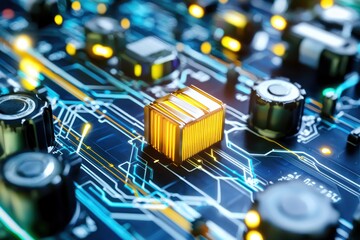 Poster - Intricate circuit board with glowing cube component showcasing modern technology and complex electronic design for innovation