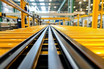 Poster - Captivating perspective of conveyor belt system in a modern factory showcasing industrial automation and streamlined production process with yellow rollers