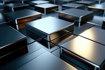Poster - Metallic Array of Rectangular Blocks Reflecting Light in a Modern Abstract Design with a Dark Background and a Low Angle Perspective