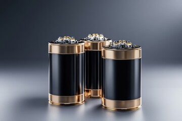 Poster - Sleek black and gold battery cells arranged in a row on a reflective surface showcasing modern energy storage technology and industrial design with a dark background