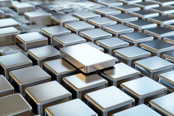Poster - Metallic Cubes Arranged in Grid Pattern with One Elevated Above Others in a Modern Industrial Style