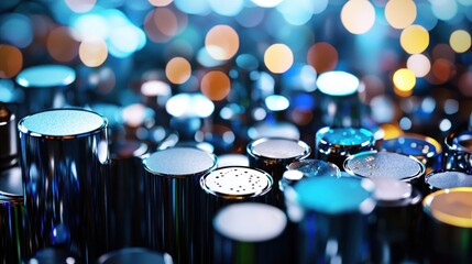 Poster - Abstract metallic cylinder array with vibrant bokeh background and reflective surfaces creating a futuristic and technological atmosphere for modern design