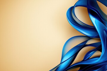 Poster - Elegant flowing blue ribbons on a soft beige background creating a modern and artistic visual with a clean and minimalist style