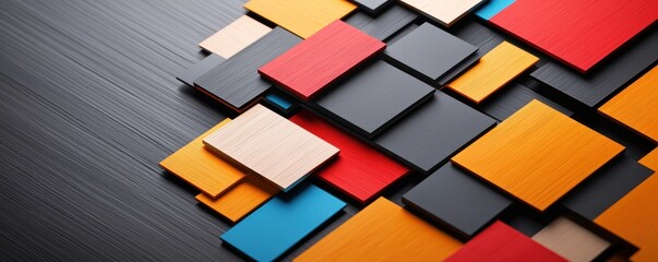 Poster - Colorful geometric arrangement of wooden squares on dark surface creating a modern and dynamic composition with a diagonal perspective