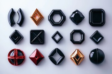 Poster - Geometric shapes arrangement on white background glossy black and metallic gold red colors studio shot flat lay modern design abstract concept