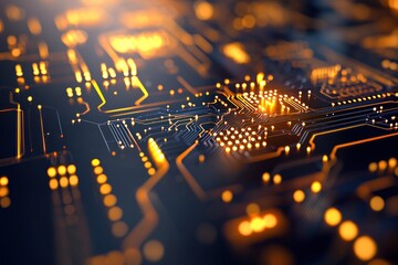 Poster - Intricate network of glowing circuits on a motherboard symbolizing technology connectivity and futuristic innovation in a digital world with a dark background and a close up view