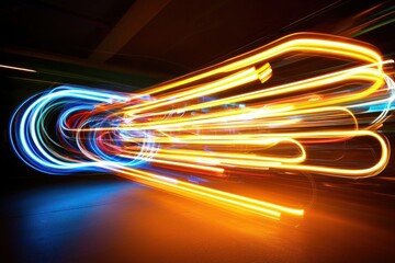 Poster - Dynamic light painting with vibrant colors creating abstract patterns and futuristic motion on dark background