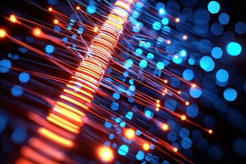 Poster - Abstract glowing orange and blue light streaks and bokeh background for futuristic technology concept and data transmission with fiber optics