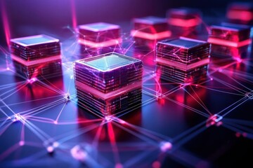 Fototapete - Futuristic cubes connected by glowing lines on a dark surface creating a network of data and technology with vibrant colors